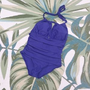 Blue One Piece Swimsuit High Cut Low Back Bathing Suits Swimwear Bodysuit Sz Med